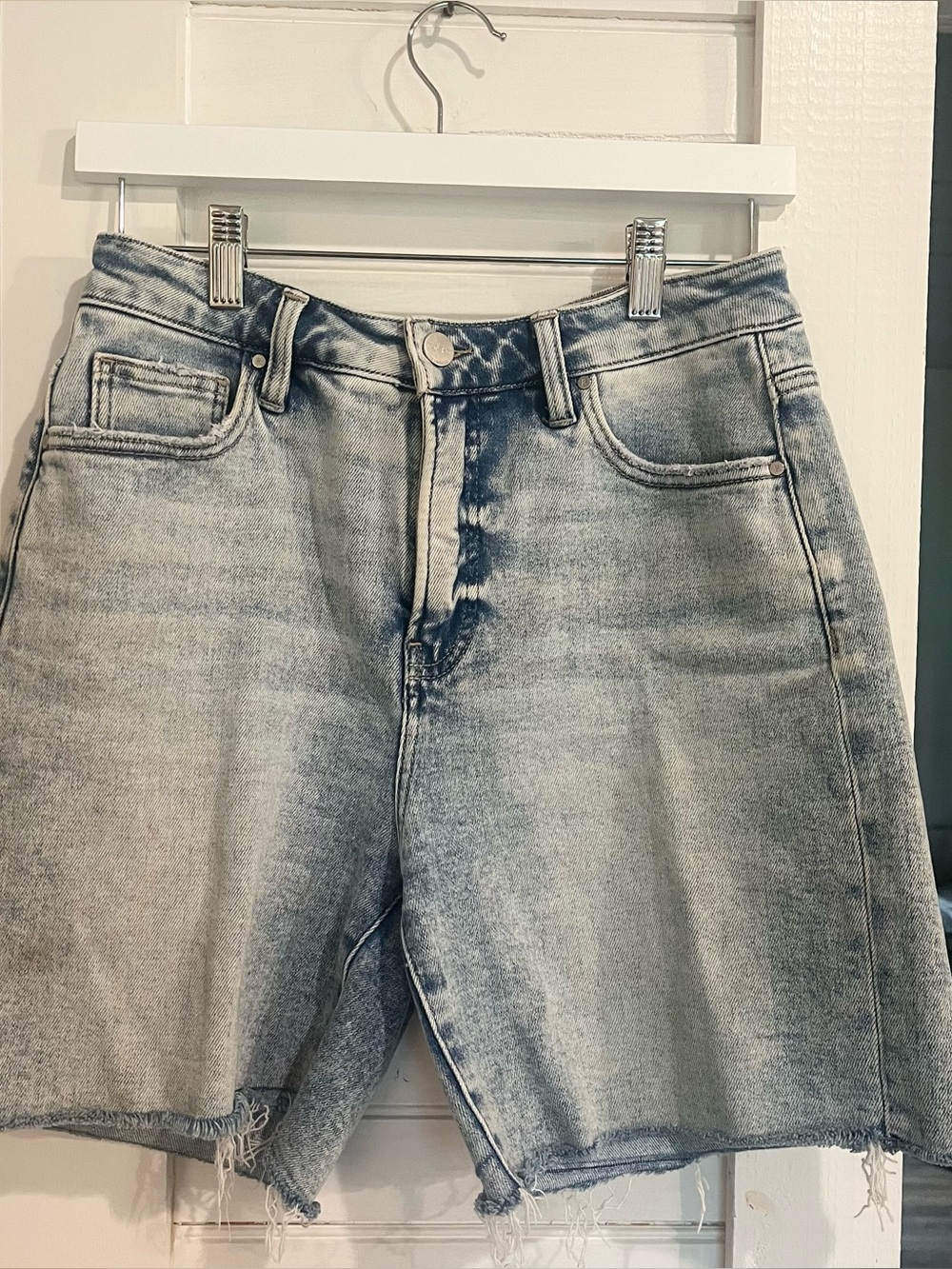 Risen High-Rise Light Wash Denim Jean Shorts